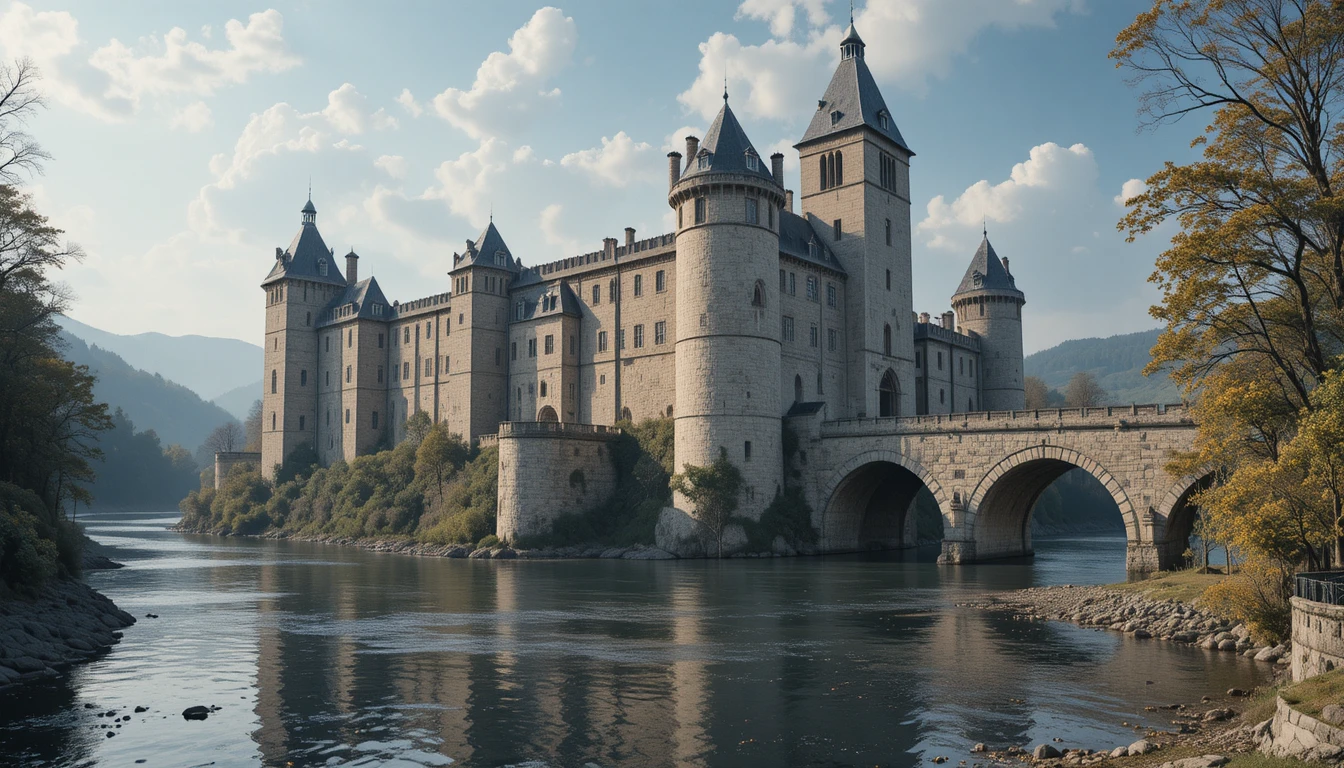 Medieval stone castle rising above a winding riverside