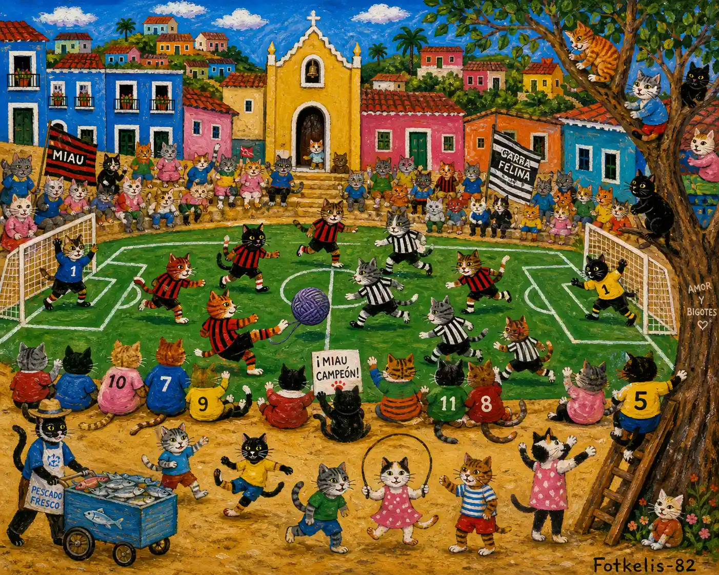 Naive folk art cats playing football in village stadium