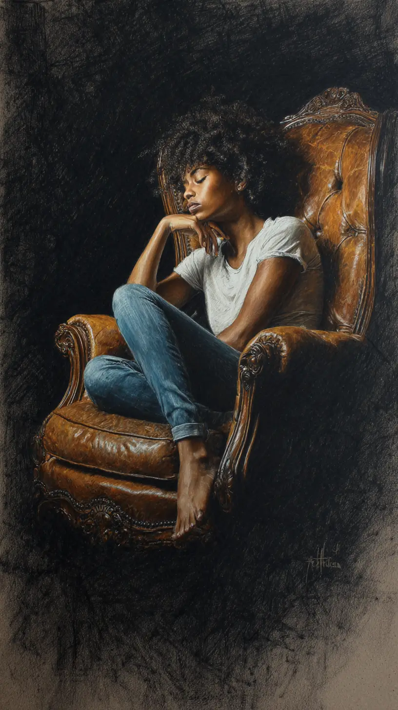 Reclining woman in antique leather armchair with moody light