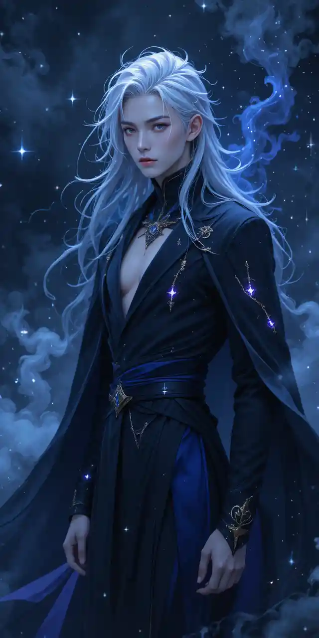 Ethereal anime man in flowing dark celestial robes