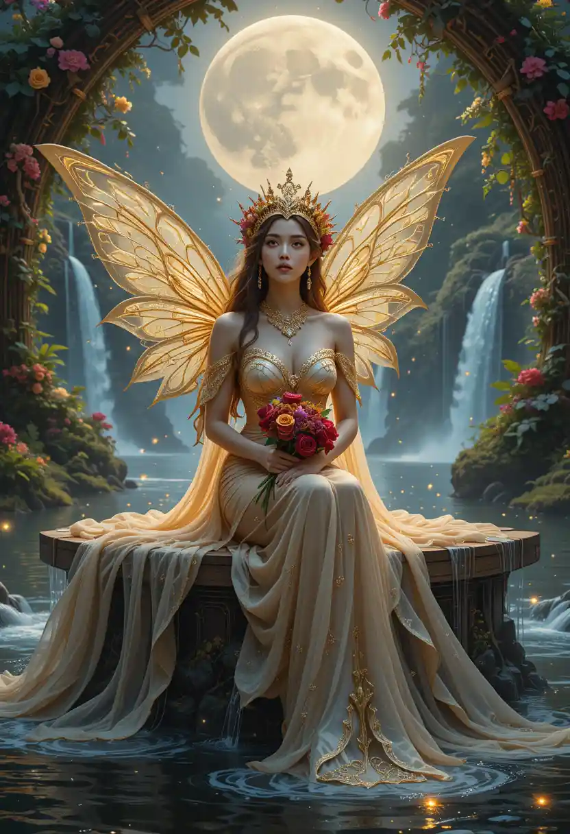 Fairy queen in golden gown by a moonlit lake