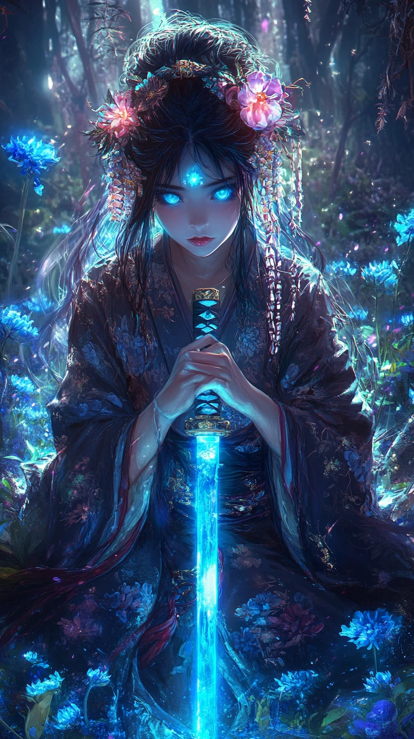 Mystical kunoichi with glowing katana in enchanted forest