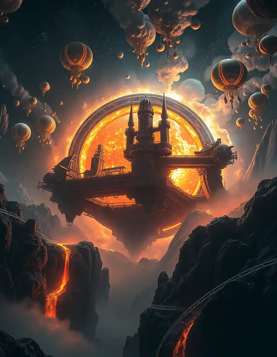 Gigantic industrial forge suspended within a blazing star