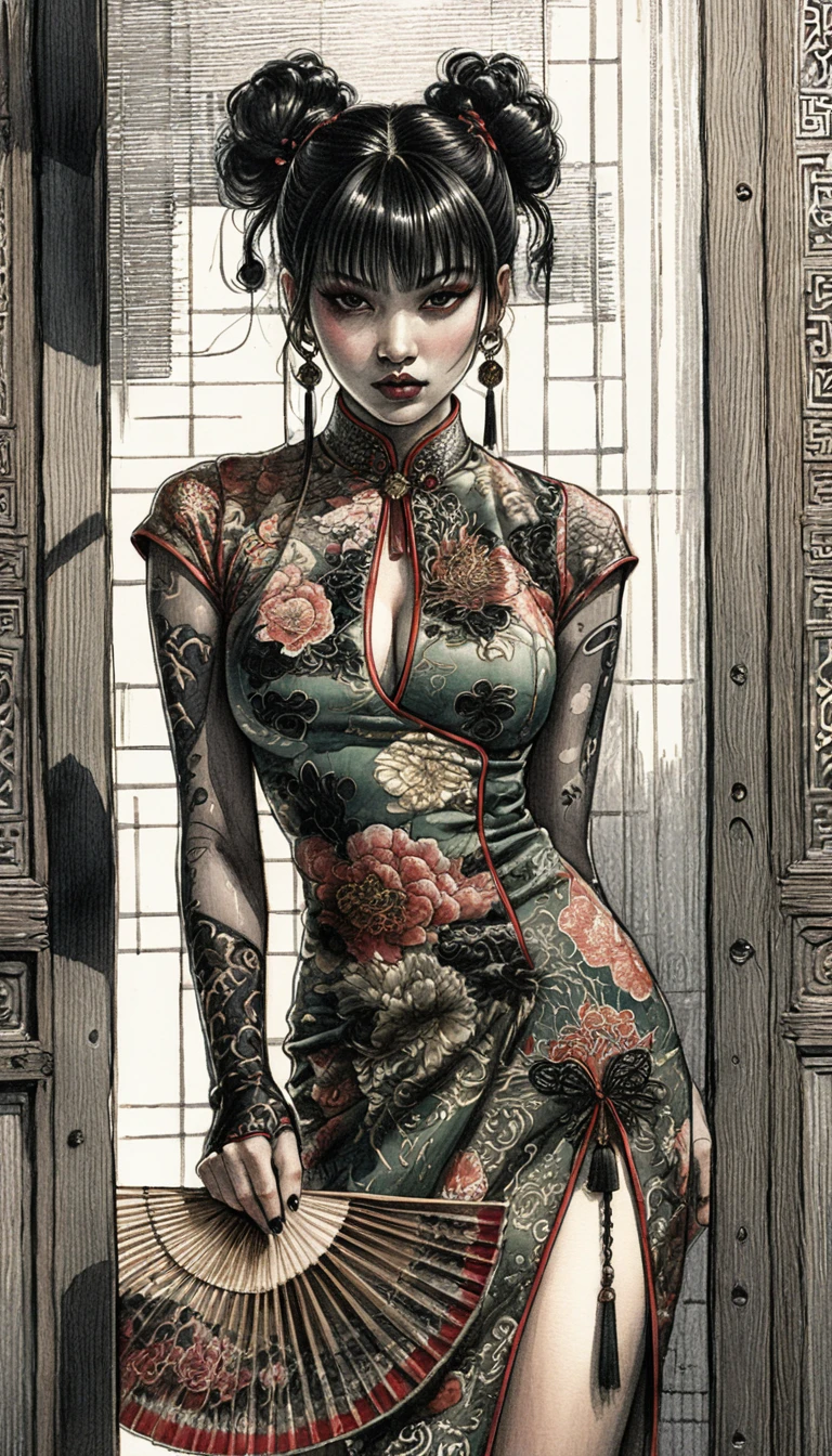 Dark haired woman in emerald cheongsam with folding fan