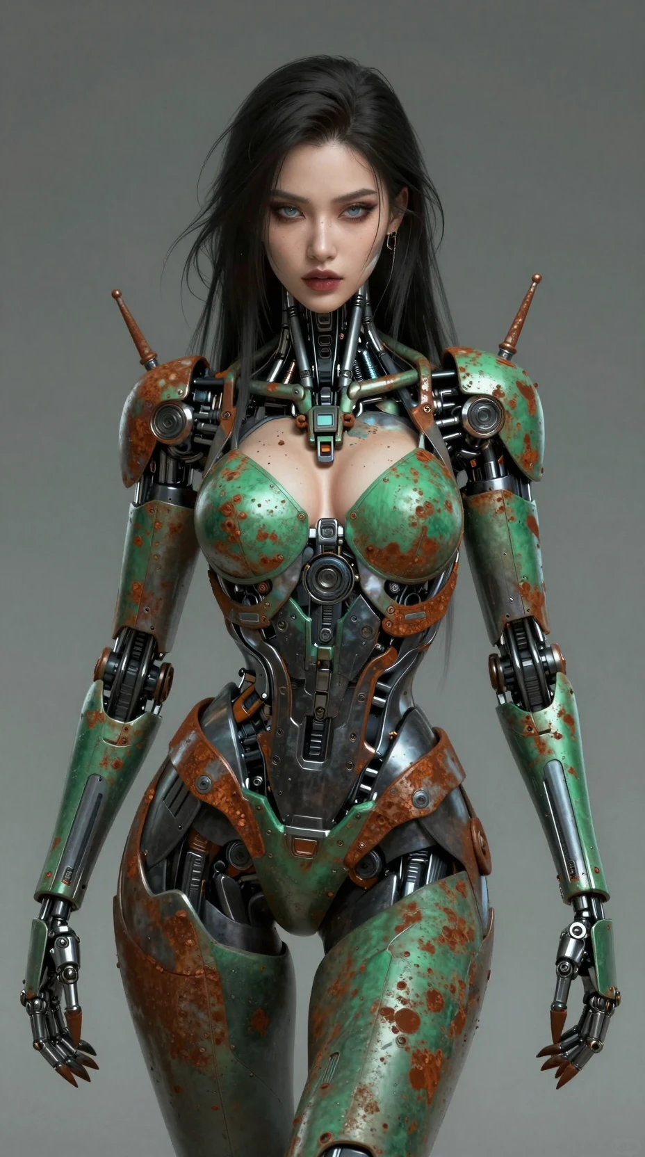 Dea cibernetica in ritratto sci‑fi color ruggine ed emeraldo