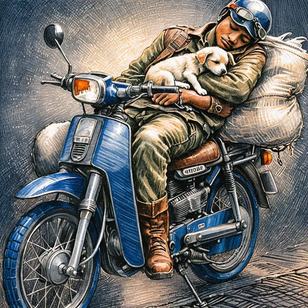 Müder Fahrer schläft auf Vintage-Motorrad mit Welpen