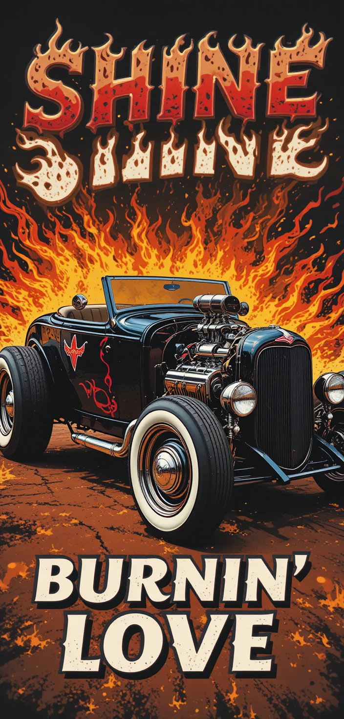 Vintage black roadster over fiery orange abstract background