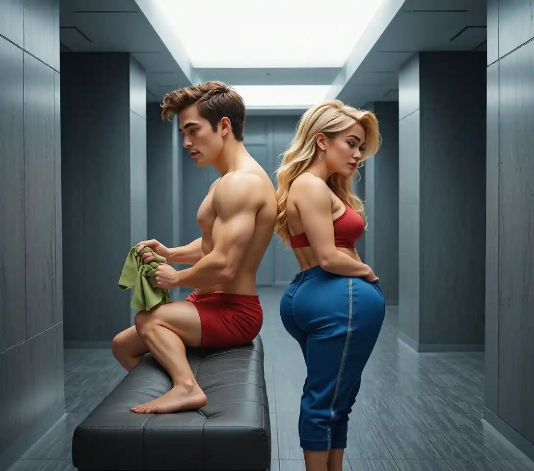 Young man and woman in a calm gym locker room