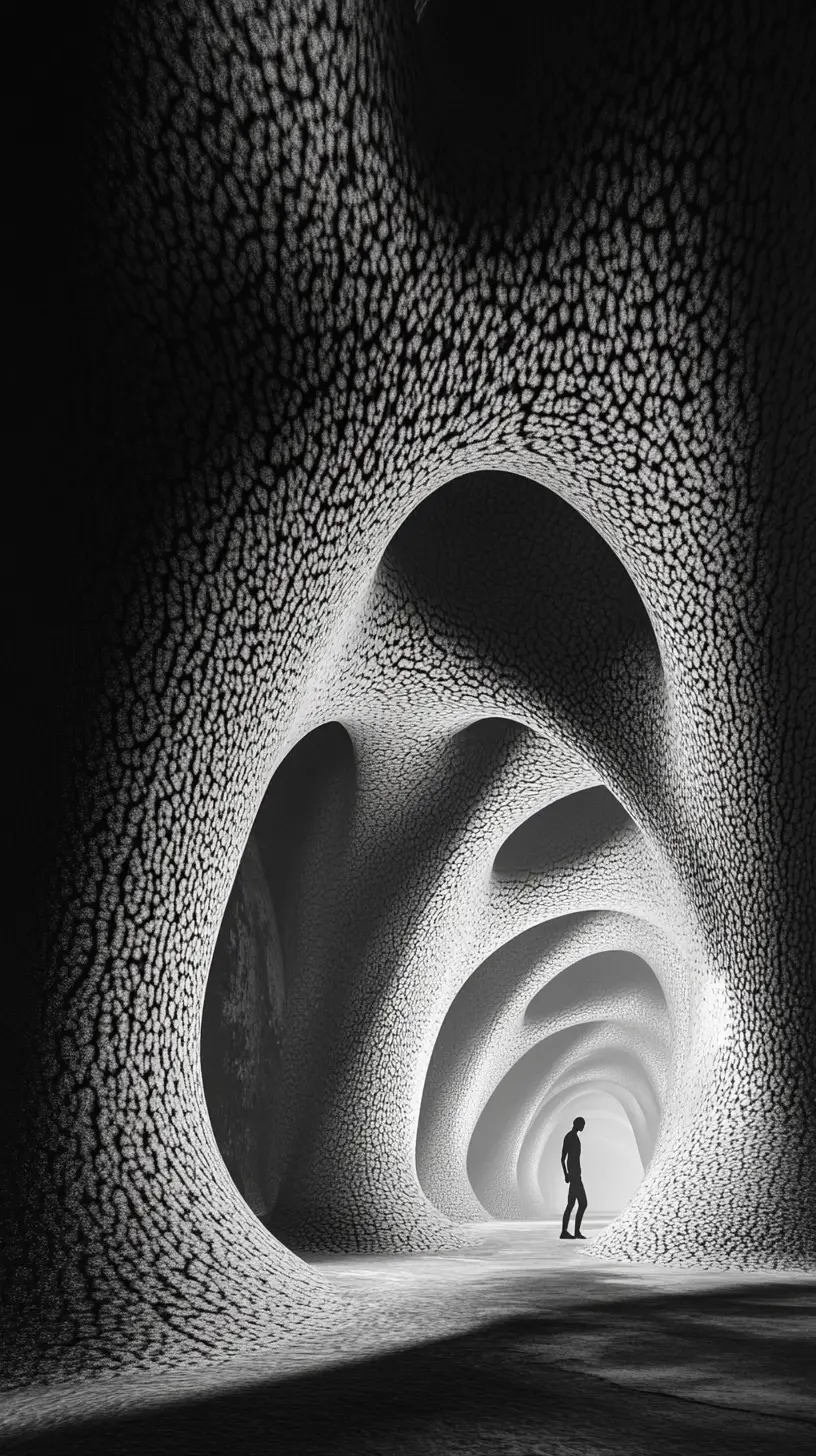 Surreal corridor of bending arches with a lone walking figure