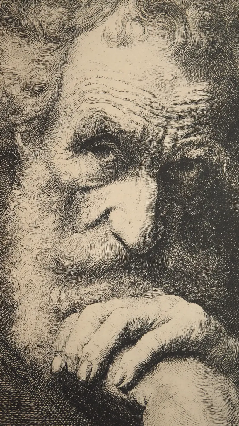 Engraved portrait of a thoughtful old man in deep contemplation