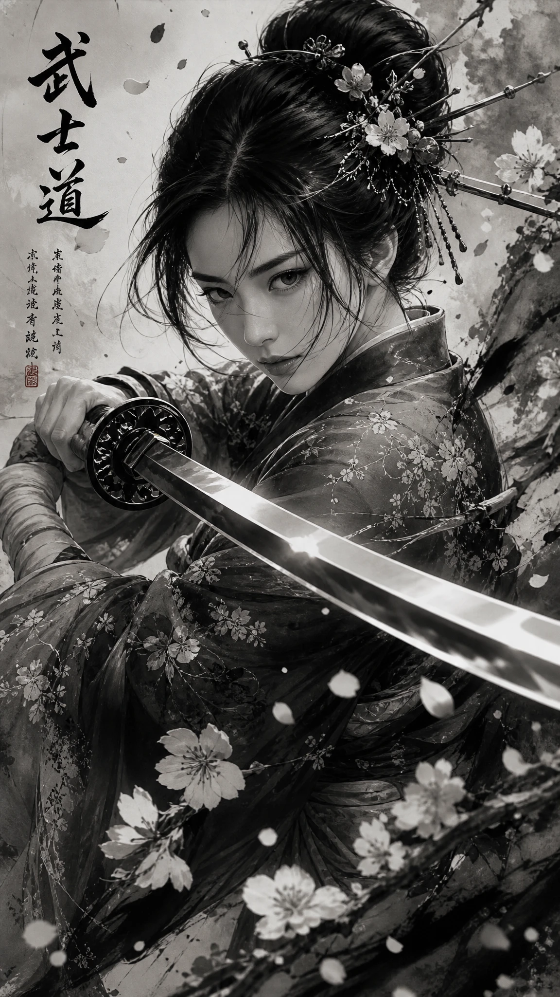 Female samurai in ink painting amid swirling cherry blossoms