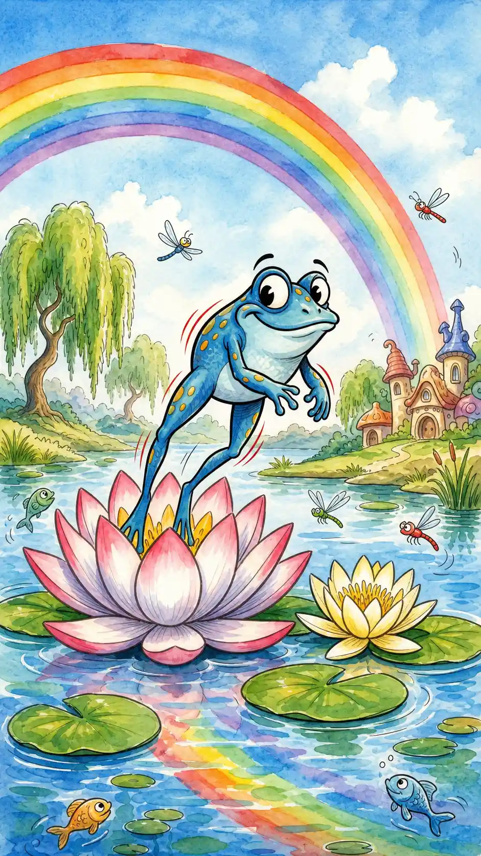 Blue frog among water lilies under a soft rainbow sky
