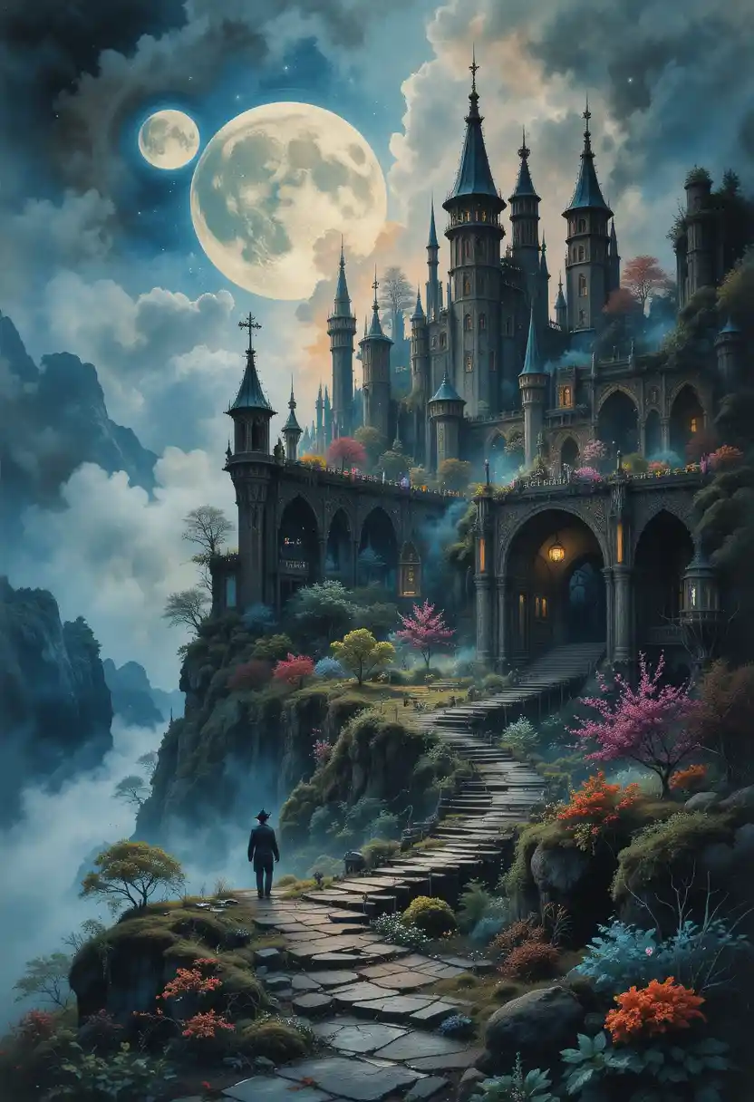 Mythical dream world under moonlit fog in watercolor
