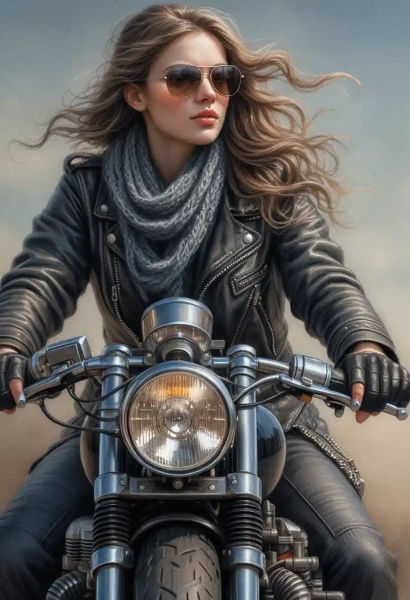Confident woman riding a vintage motorcycle toward viewer