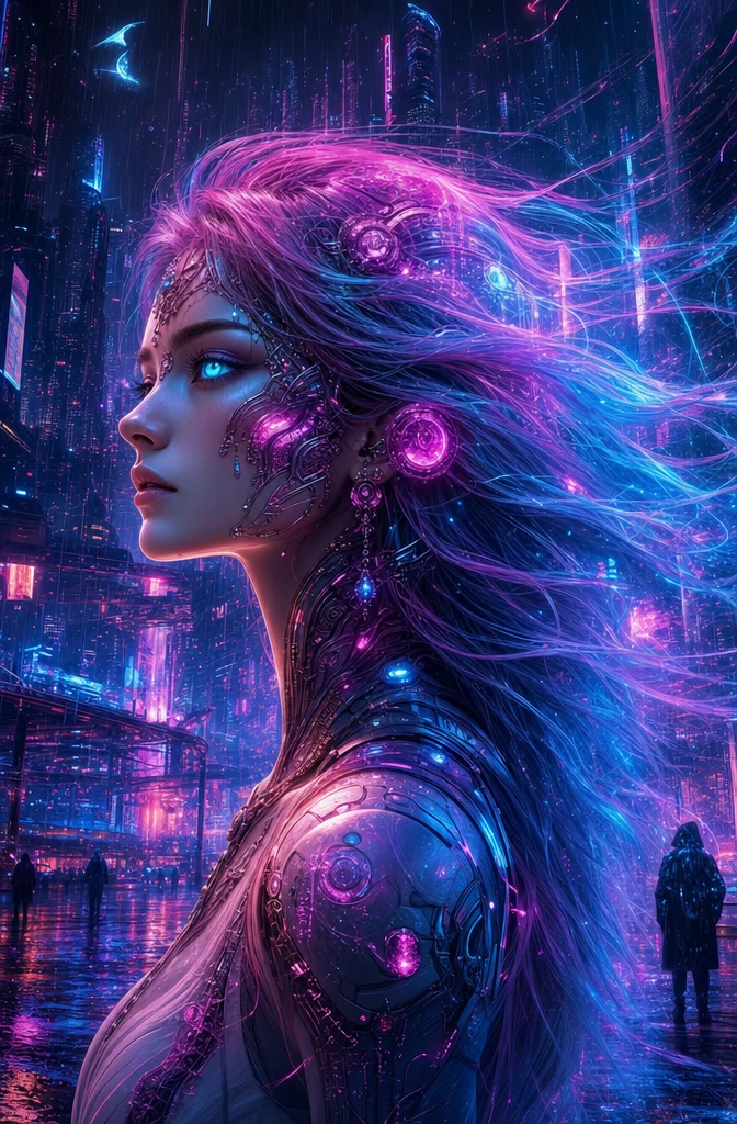 霓虹雨中擁有發光青色雙眼的賽博龐克女子