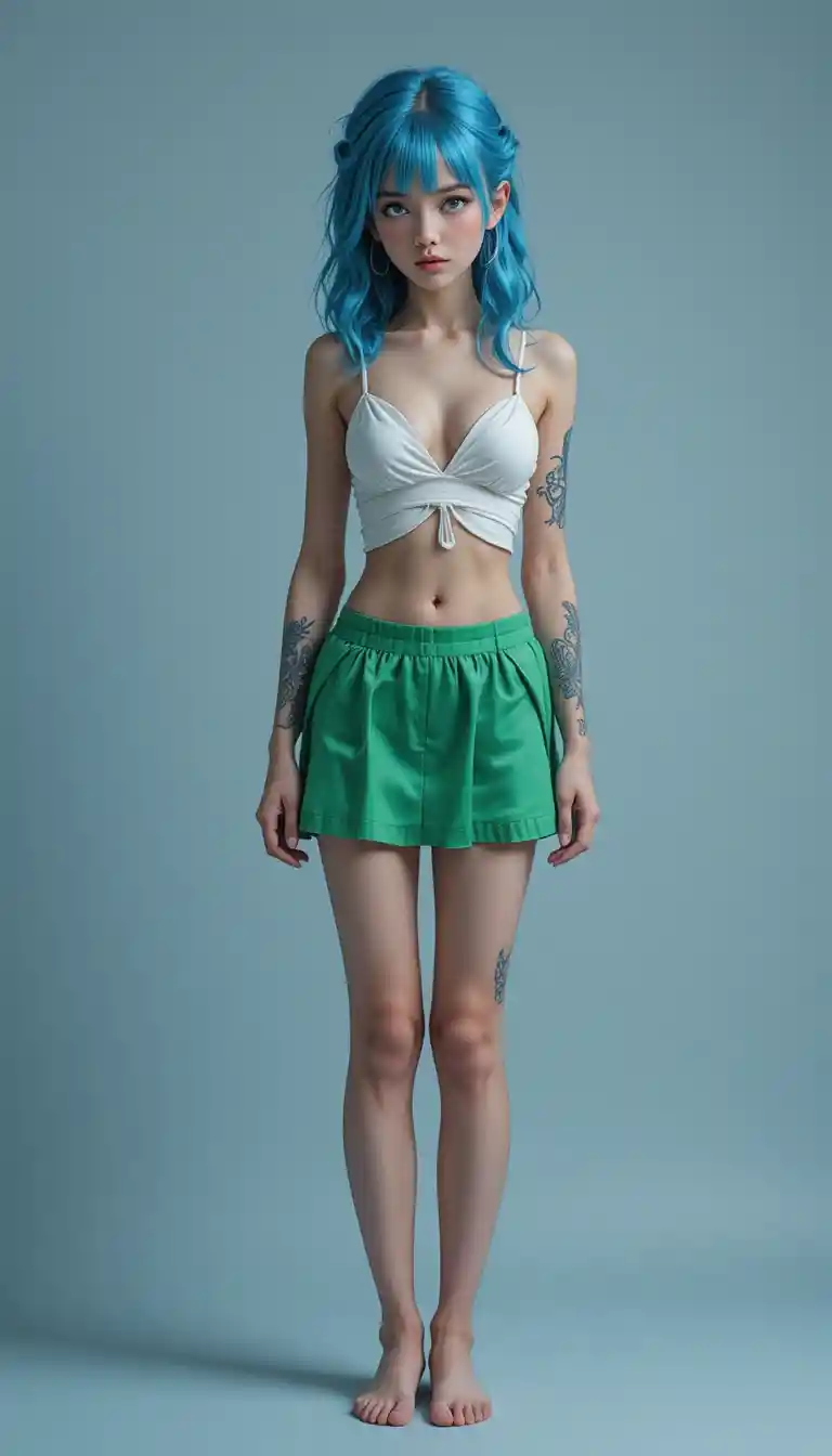 Young blue haired girl in green skirt and ripped white top
