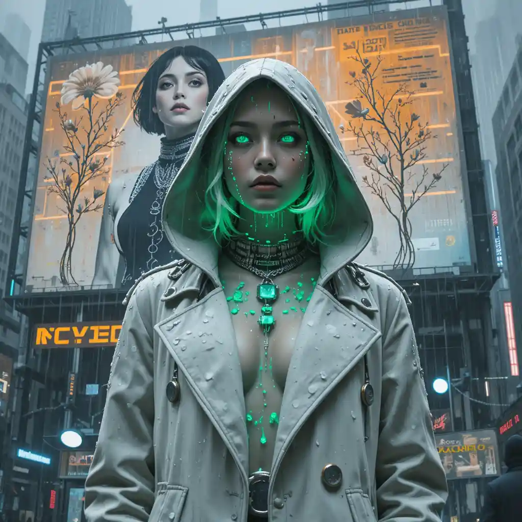 Cyberpunk heroine in rain soaked trench coat under neon