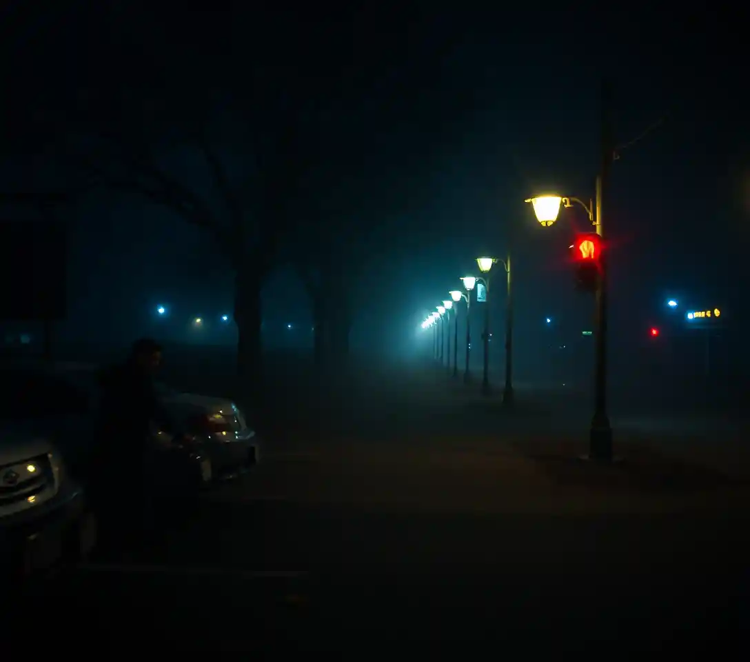 Surreal night scene capturing the heavy tension of dangerous waiting