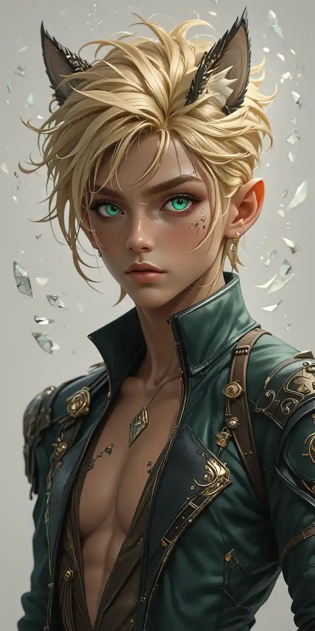 Anime cat eared man with golden skin and green eyes