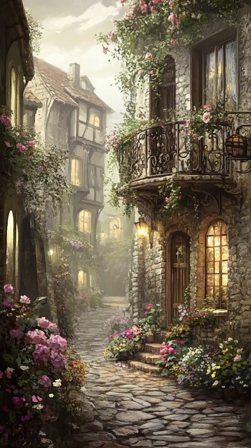 Fantastical alley with ivy covered cottage and balcony