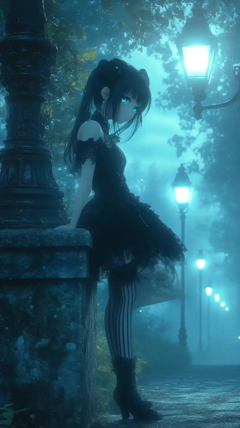 Anime girl in black lace dress under moonlit streetlights