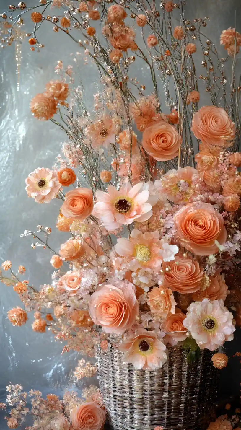 Basket of pastel flowers with magical shimmering details
