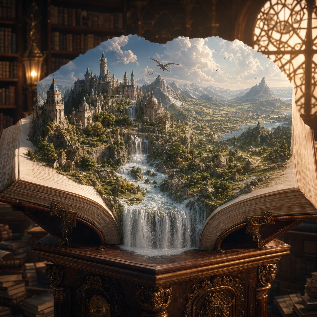 3d open book podium with fantasy city emerging