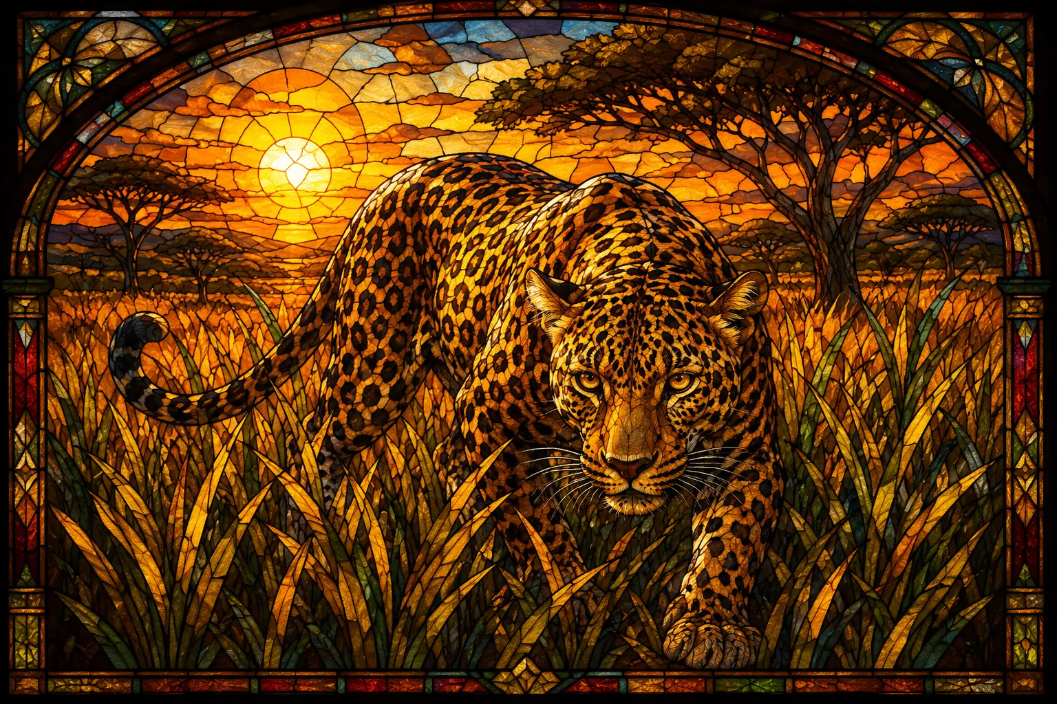 Stained glass leopard stalking through savanna at golden hour