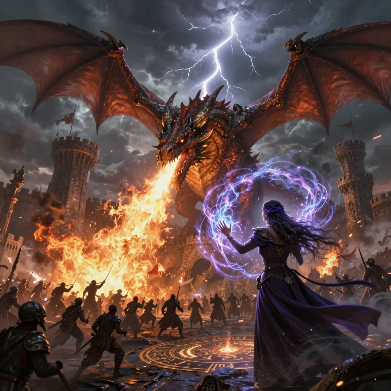 Dragon Assaulting A Medieval Castle In Epic Fantasy Battle