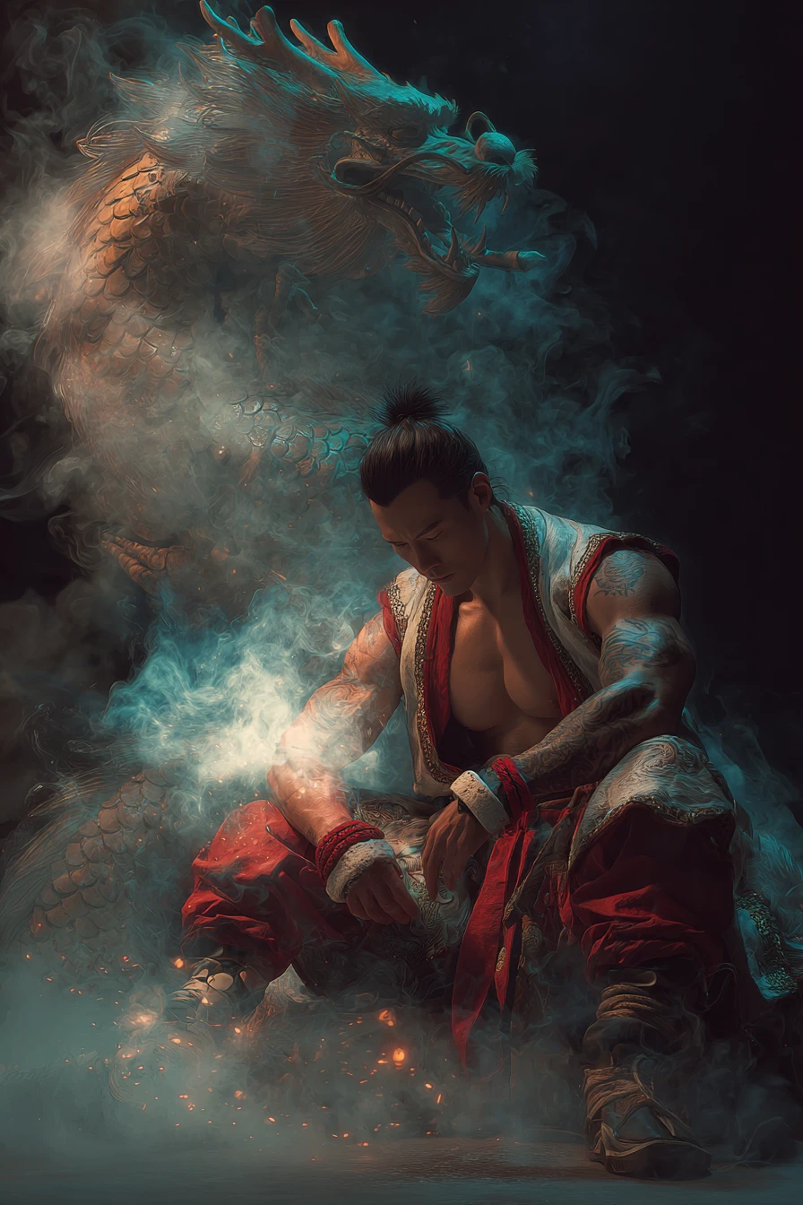 Meditating dragon warrior protected by a guardian dragon