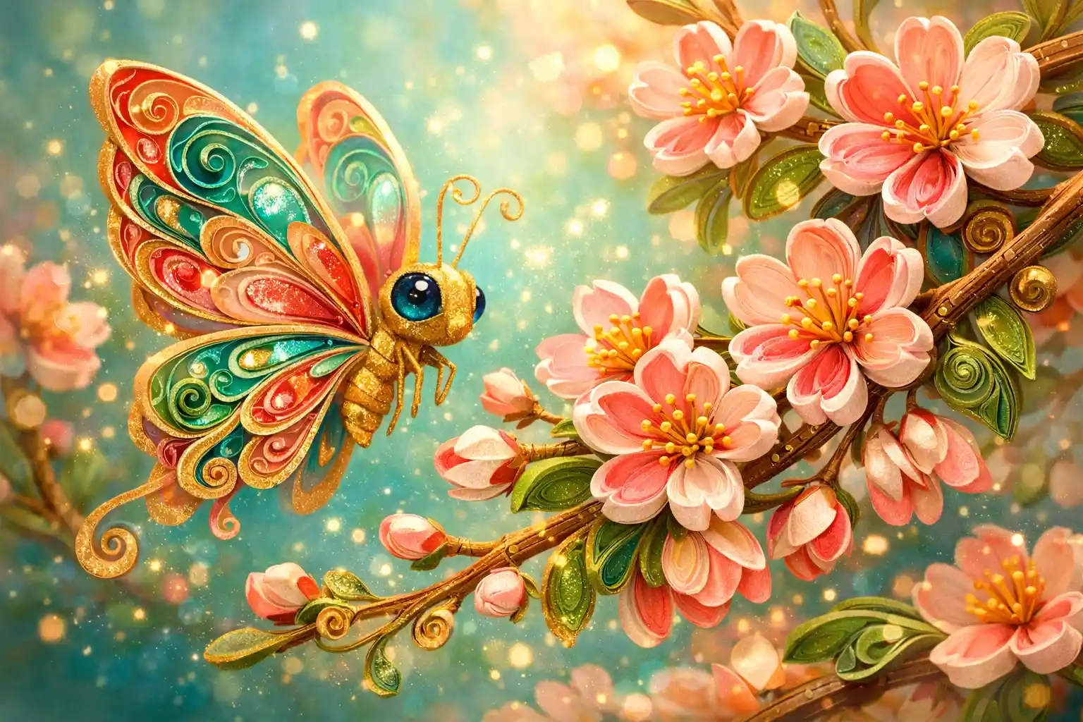Whimsical Paper Quilling Butterfly Near Cherry Blossoms
