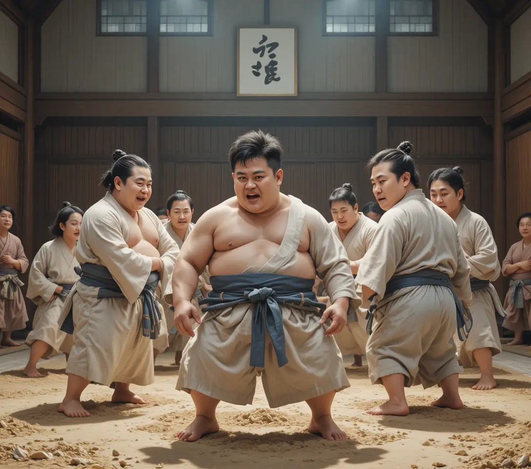 Traditional sumo wrestlers training in indoor arena