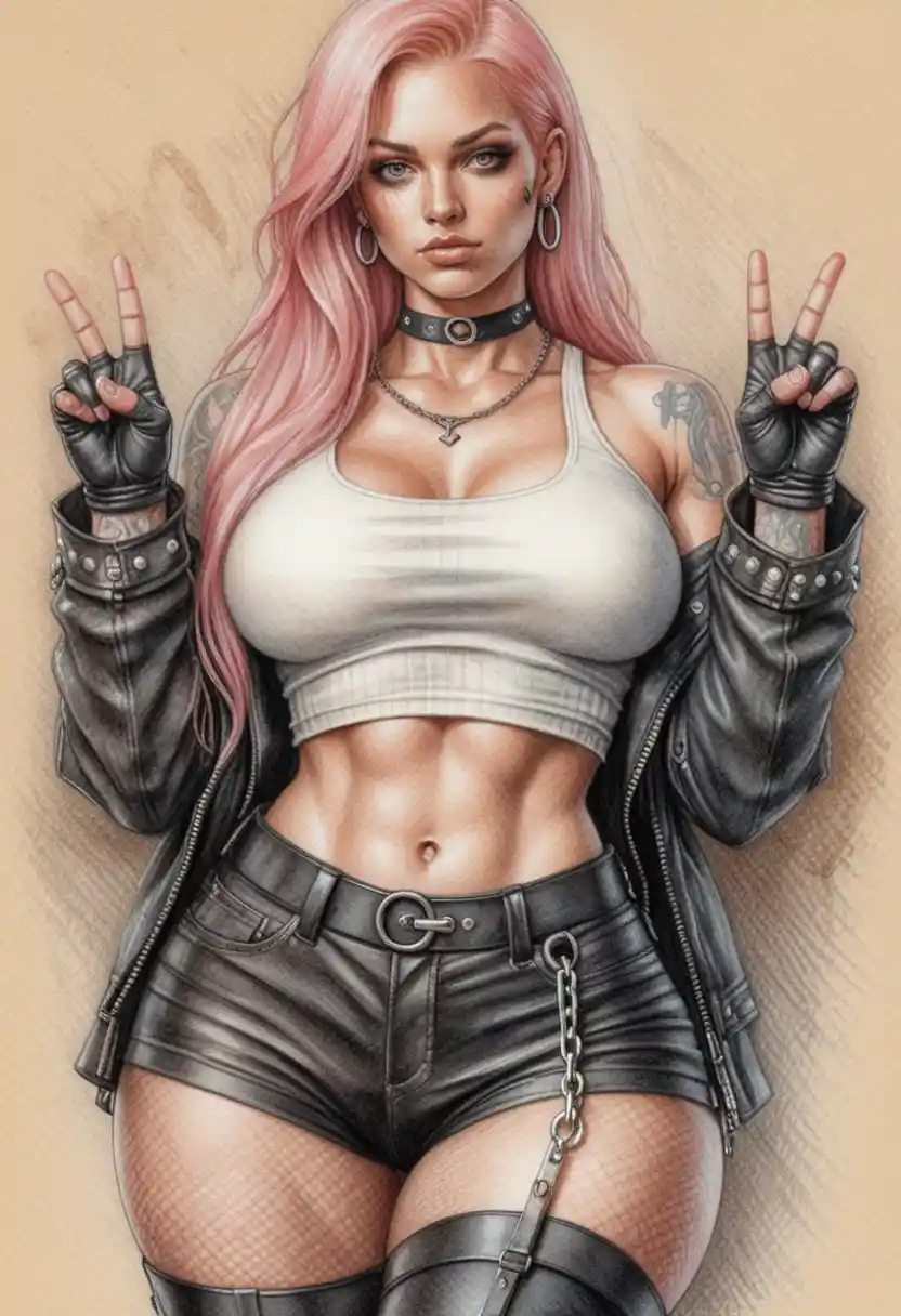 Athletic pink haired woman posing with bold peace signs
