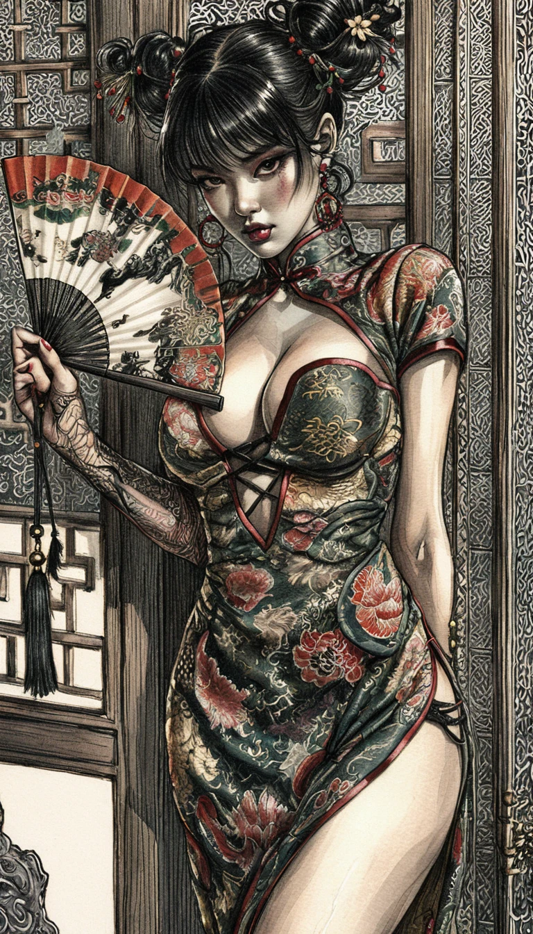 Dark haired woman in emerald cheongsam with folding fan