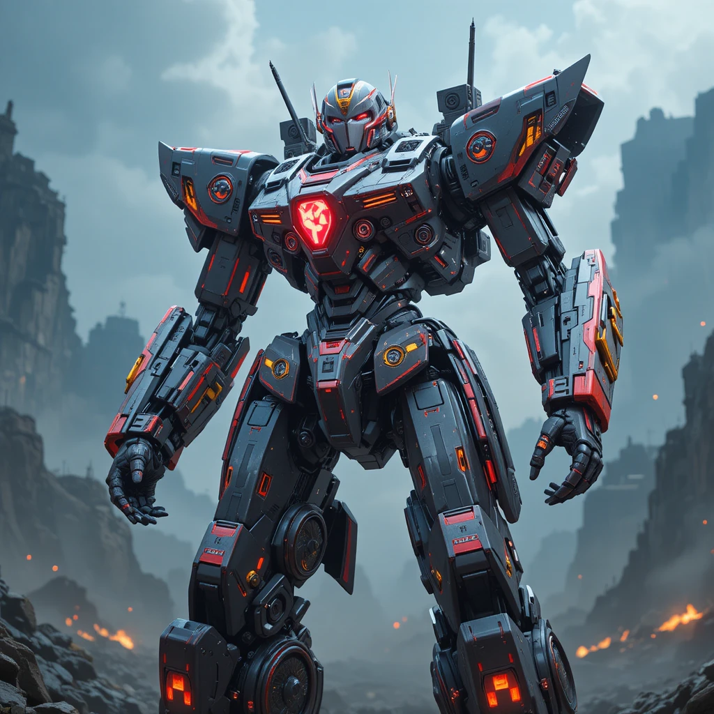 Giant steel mecha warrior in a glowing neon battle suit