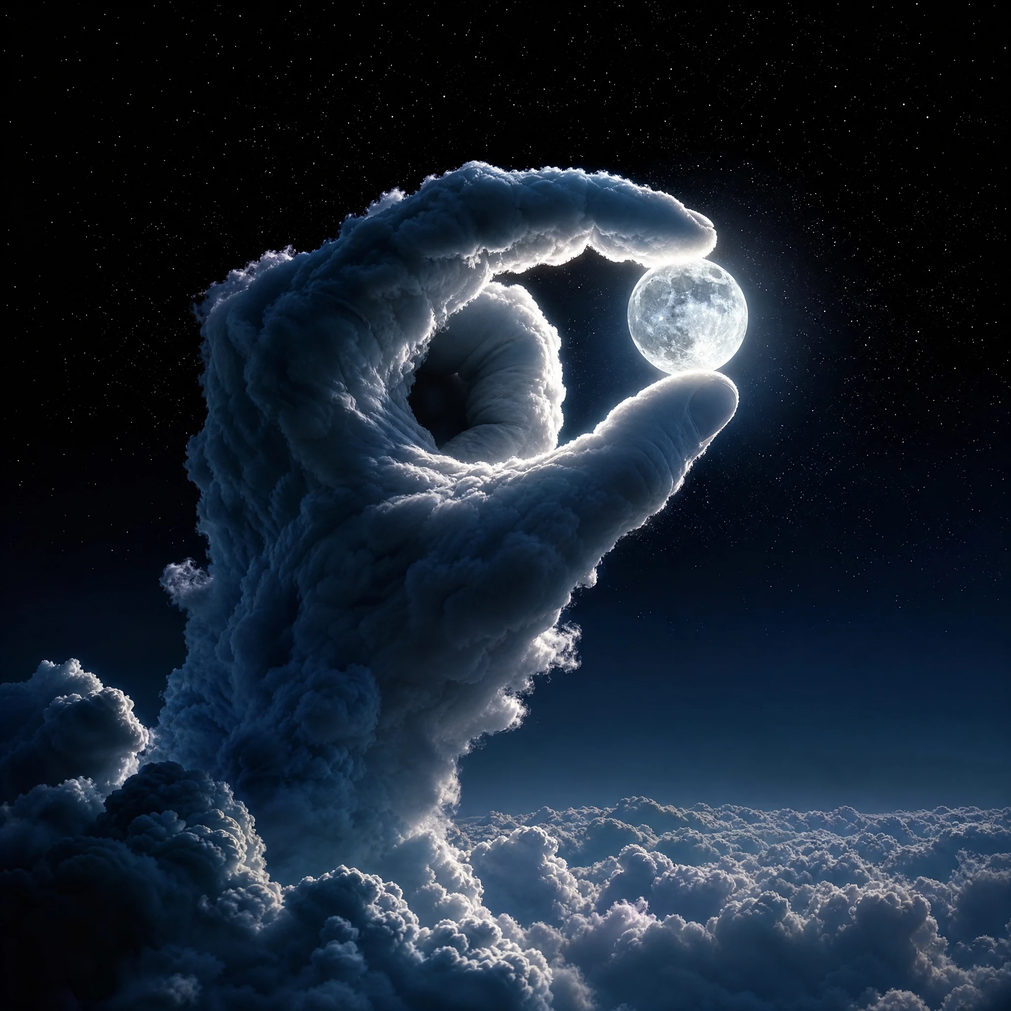 Giant Cloud Hand Holding The Luminous Full Moon In Space
