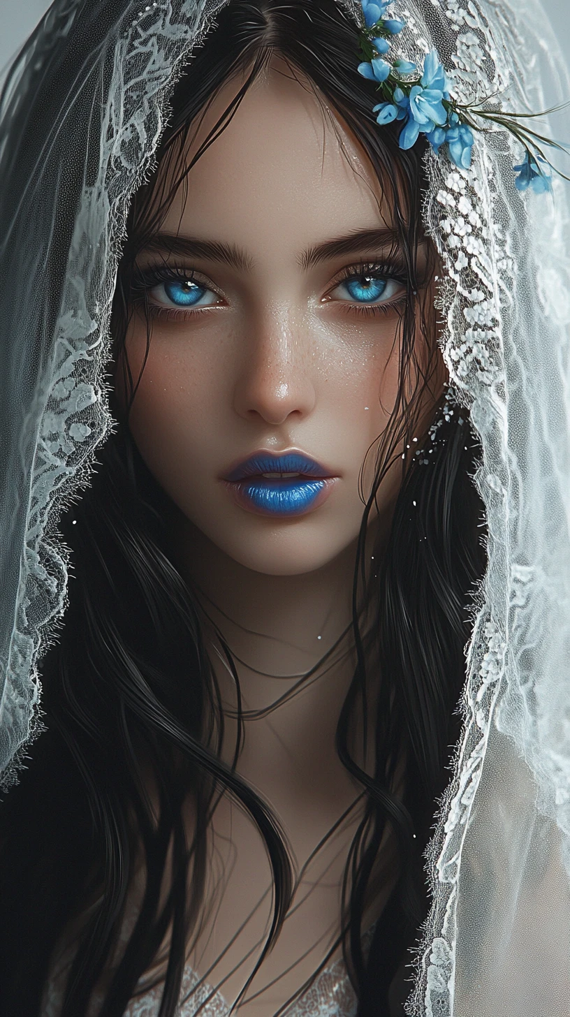 Blue eyed girl in lace veil close up portrait