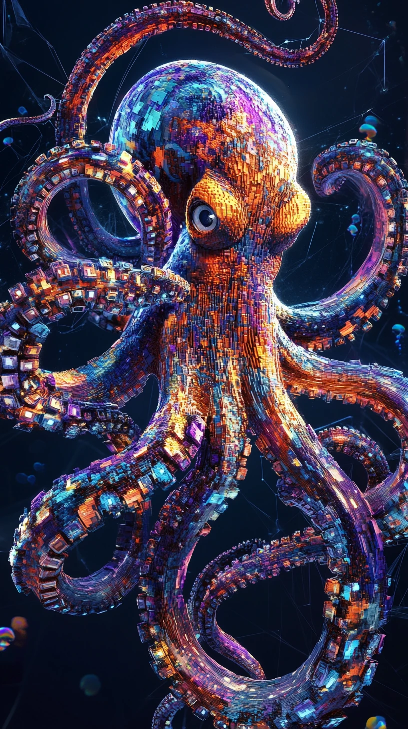Surreal octopus made of corridors and spiral staircases