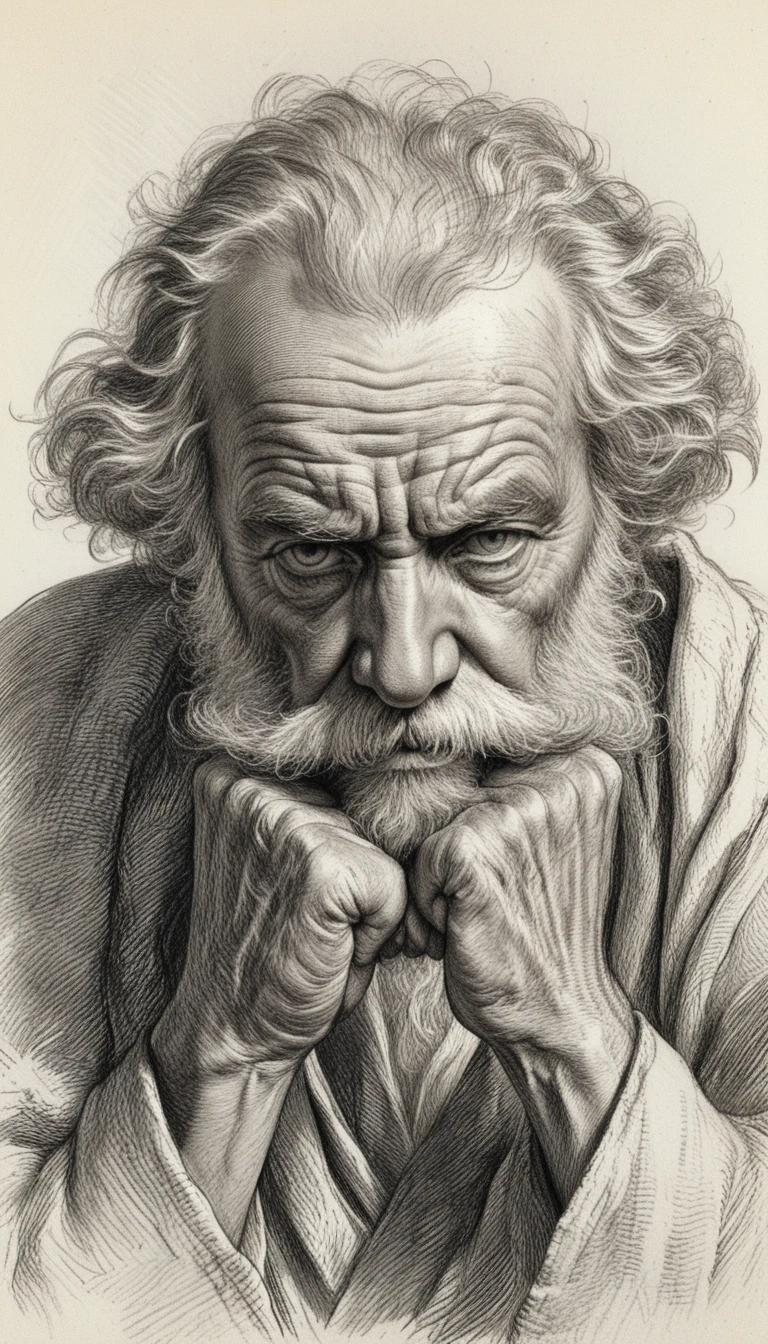Thoughtful old man engraving with intense close up gaze