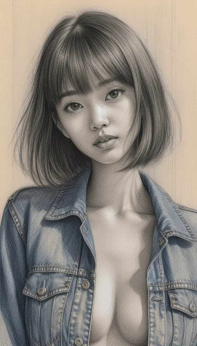 Young asian woman portrait in color pencil drawing