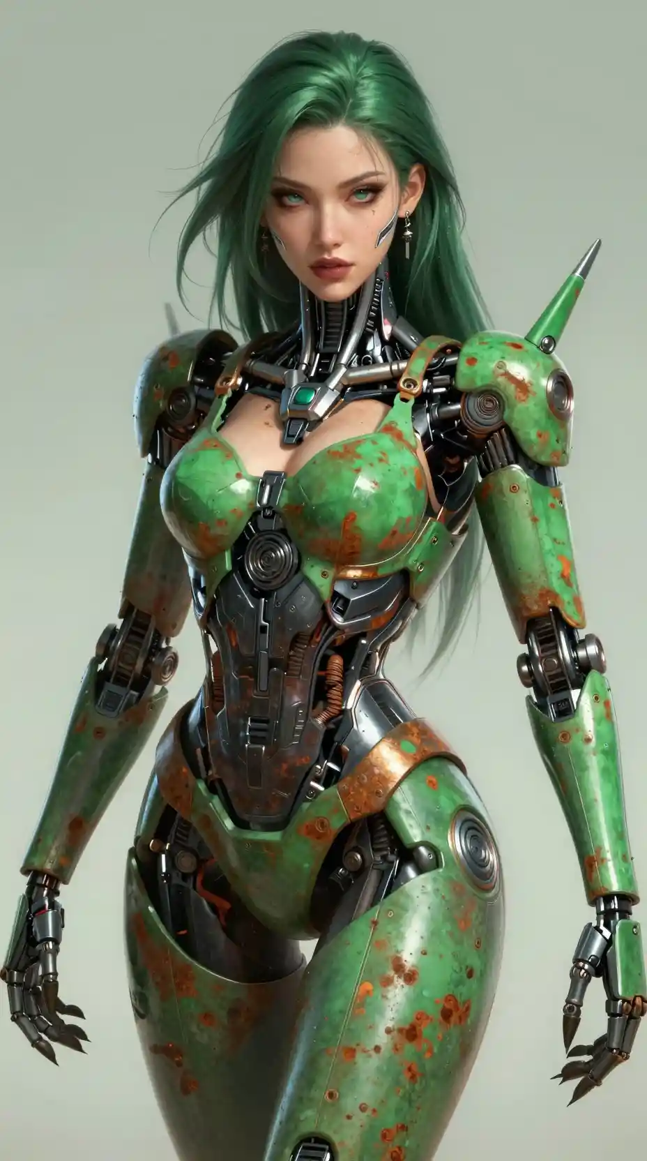 Cybernetic goddess in rust and emerald green tones