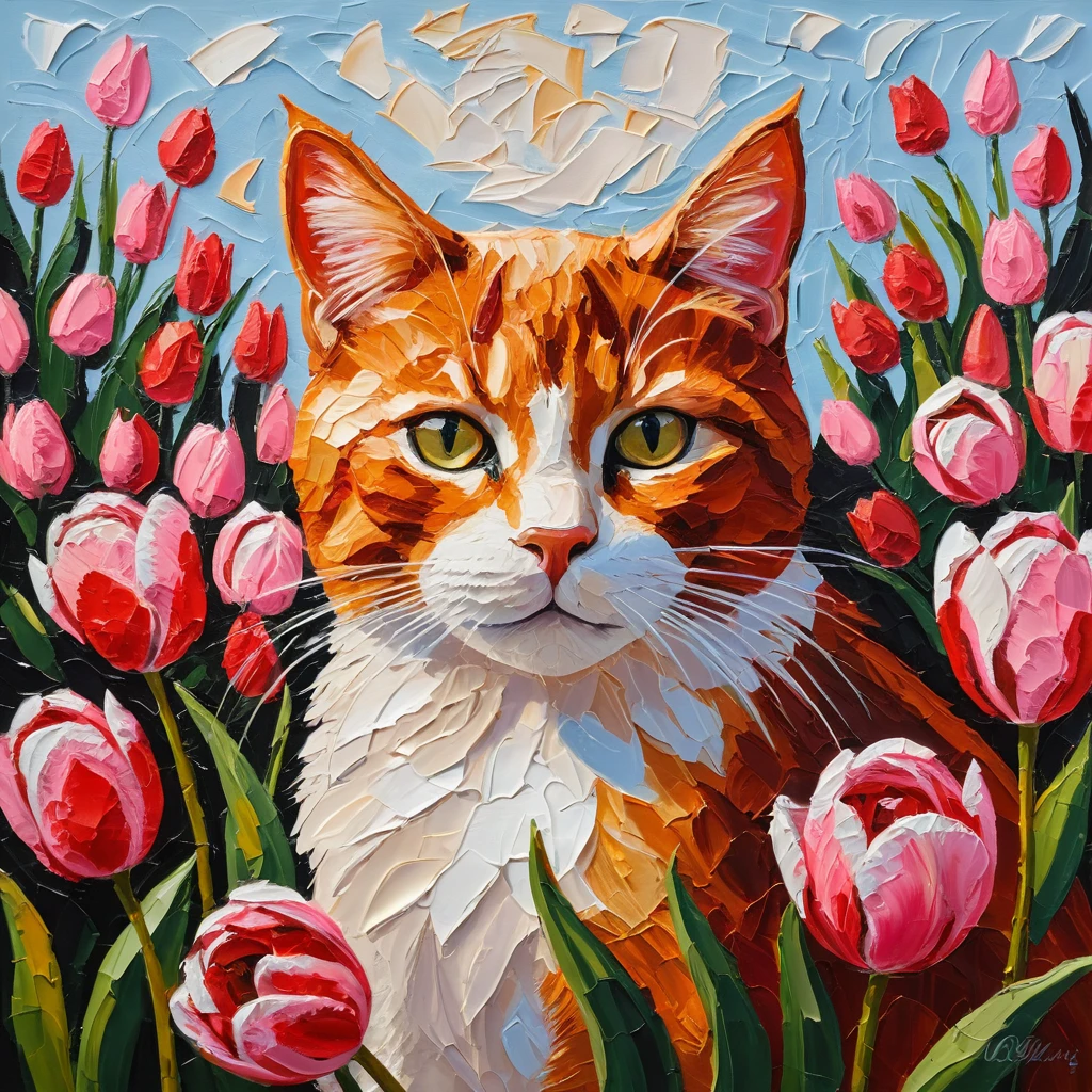 Ginger tabby cat in a vibrant tulip impasto painting