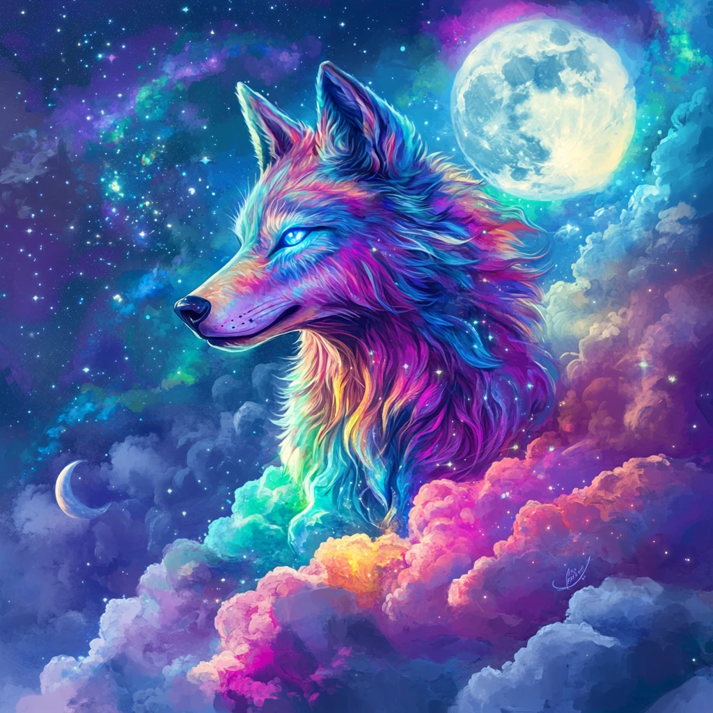 Mystical rainbow wolf running through a glowing night sky