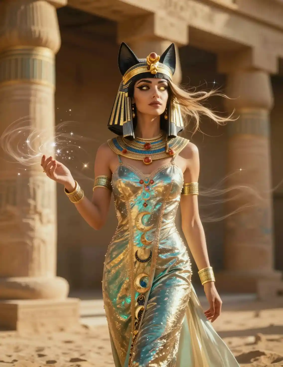 Mystical goddess with feline features in a golden temple