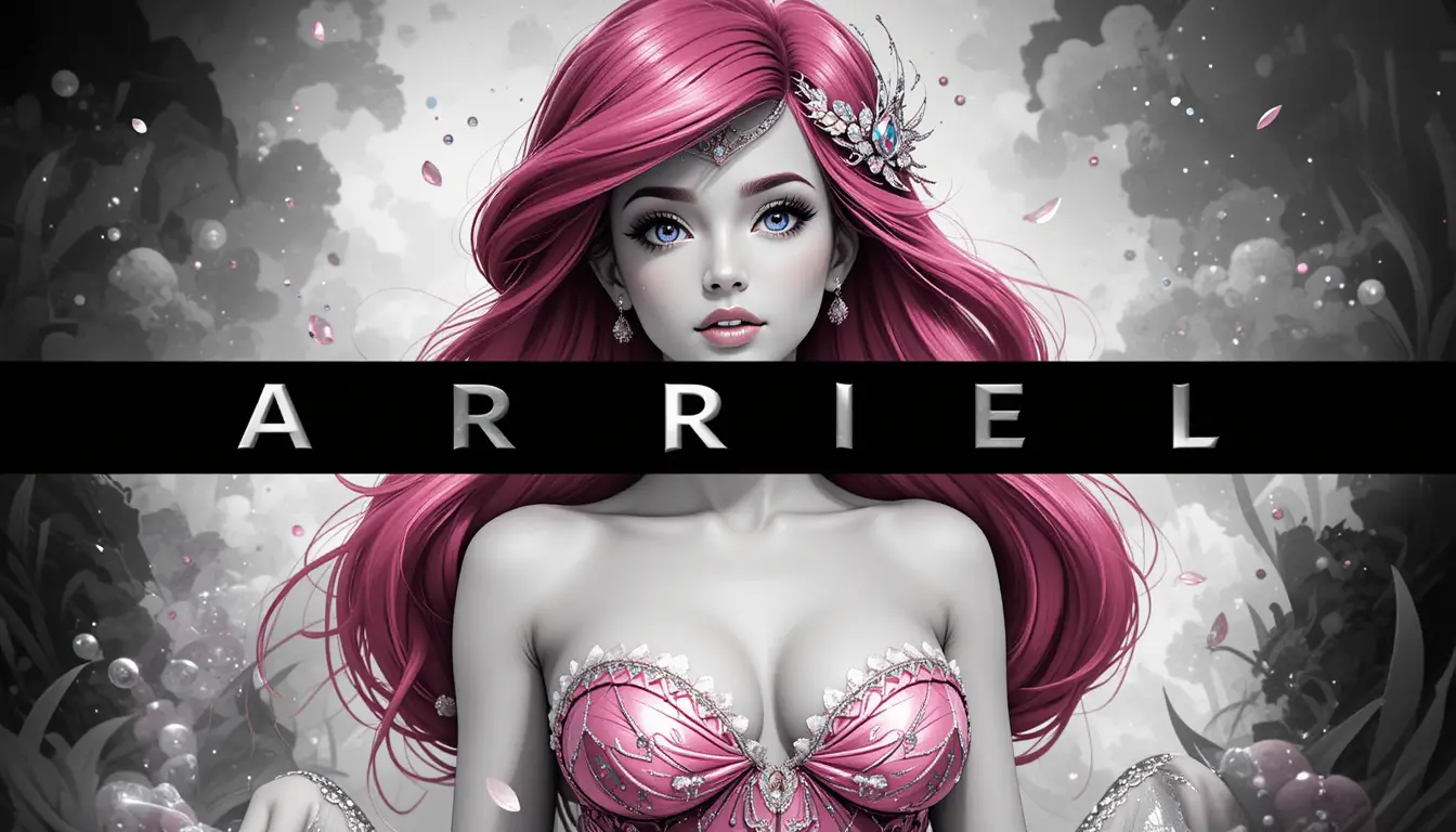 Femme réaliste en tenue rose avec texte ARIEL en gras