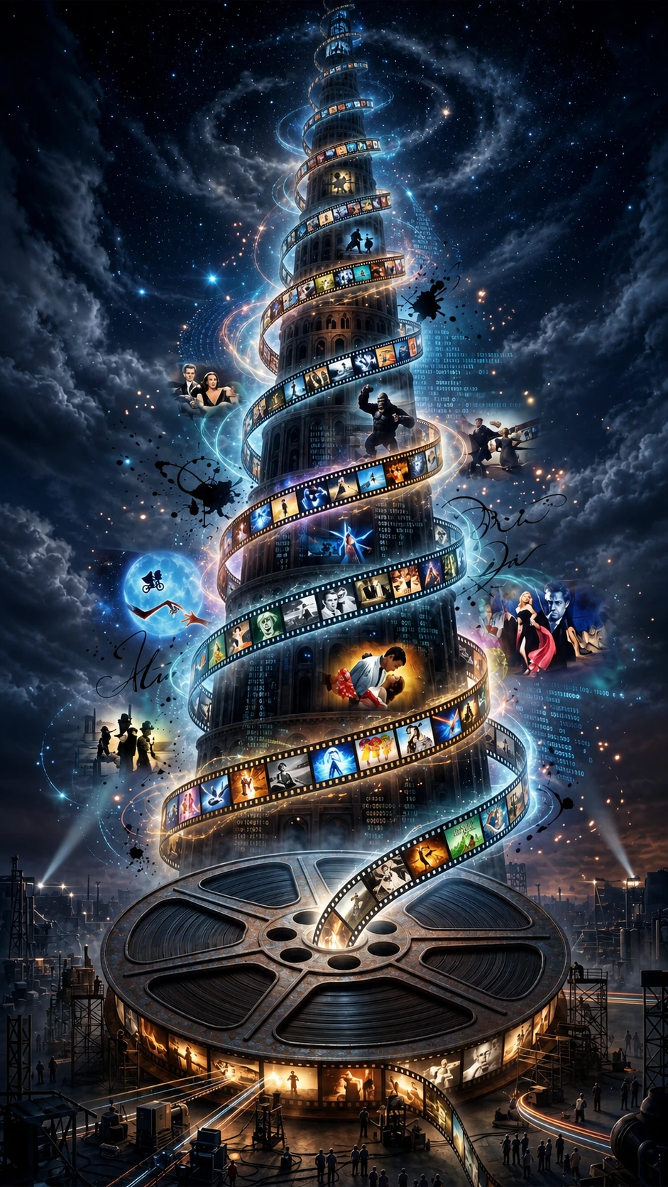 Towering spiral film reel rising into a luminous mist