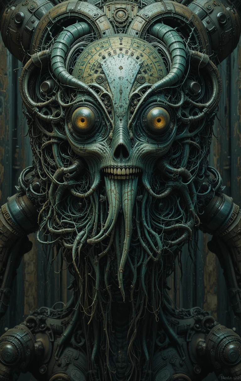 Parasitic biomechanical organism in industrial green tones