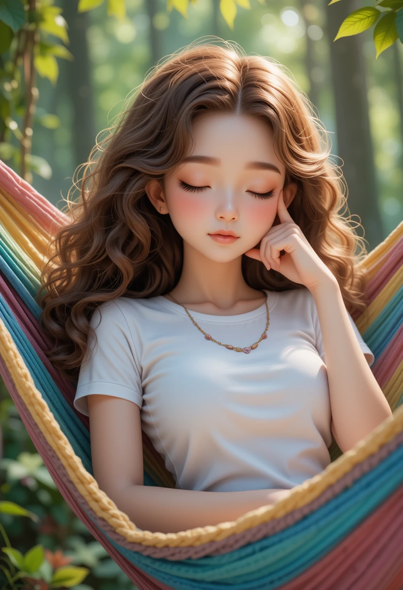 Sleeping girl resting in a colorful hammock in the forest