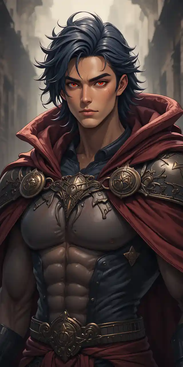 Muscular draconic warrior in dark armor with red cape