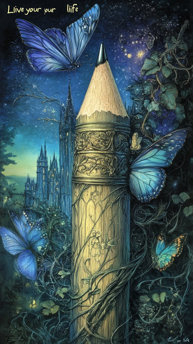 Surreal pencil transforming into worlds of mist and stars